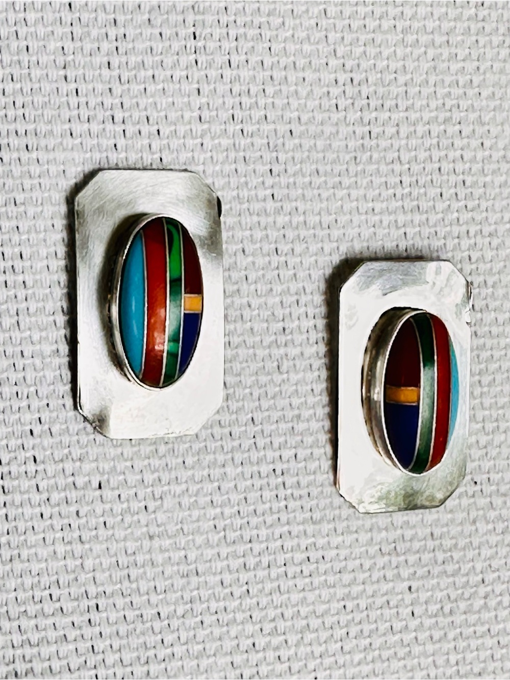Sterling Silver Multi-Color Semi- precious Stone inlay Oval Stud Earrings